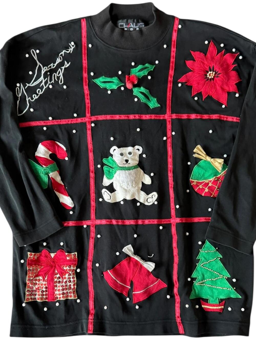 Chaus Sport Black Holiday Patchwork Sweatshirt – Size M